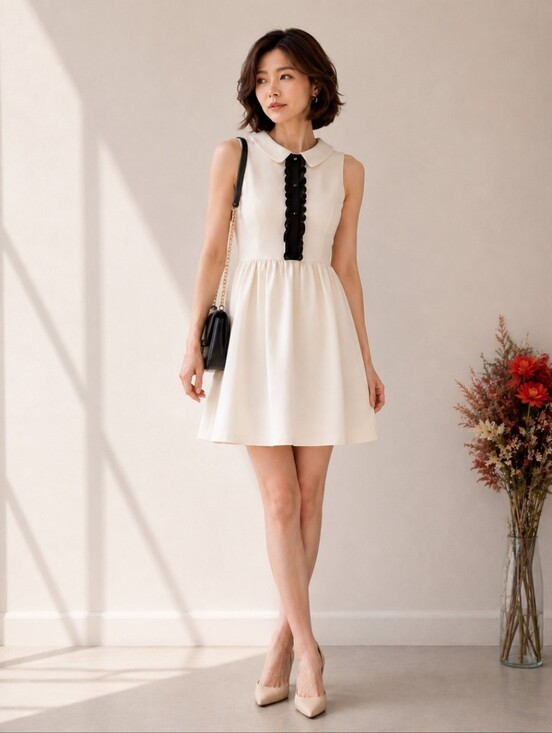 Kensie Dresses & Skirts - Kensie | Cream Fit & Flare Dress Black Frill Peter Pan Collar Sleeveless Mini